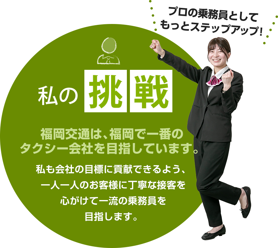 私の挑戦：福岡交通は、福岡で一番のタクシー会社を目指しています。私も会社の目標に貢献できるよう、一人一人のお客様に丁寧な接客を心がけて一流の乗務員を目指します。未経験から育ててくれた会社に、少しでも恩返しがしたいです！